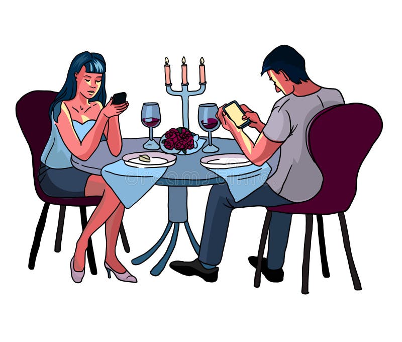 two people holding phones at the dinner table